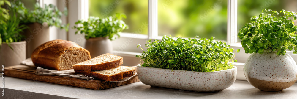 Obraz premium Homemade whole grain bread and fresh slices on a wooden board beside vibrant microgreens on a windowsill, evoking wholesome, sustainable home cooking and healthy living