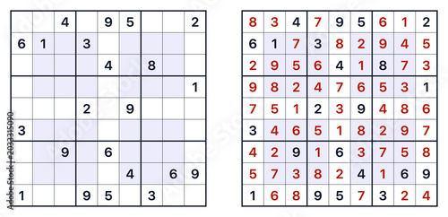 Sudoku solution page and game template with puzzle grid layout  