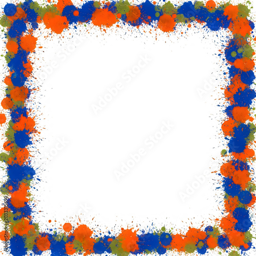 Square frame made of blue and orange paint splashes isolated on transparent background