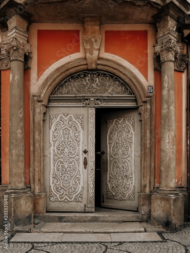 Photos Ornate Vintage Wooden Door with Fluted Pilasters and Transom Window, Historic Bu