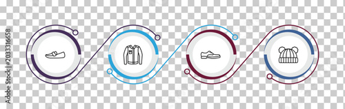 Photos outline clothes icons set - loafer, denim jacket, leather derby shoe, knit hat with pom pom