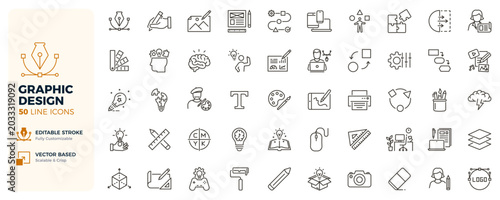 Graphic design icons. Creative process, branding, illustration and visual identity thin line icon set. Editable vector stroke