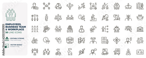 Employees, business team and workplace icons. Human resources, recruitment and corporate management thin line icon set. Editable stroke vector illustrations.