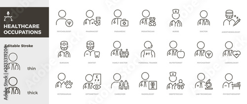 Healthcare job occupations icons. Medical professions, healthcare workers, hospital staff and patient care thin line icon set. Editable stroke vector illustrations.