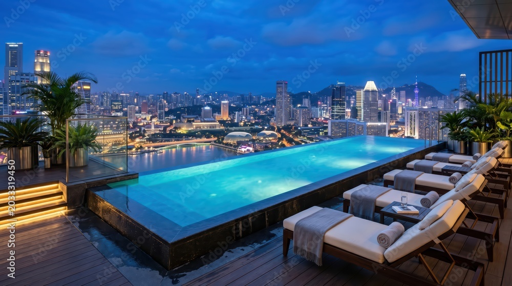 Fototapeta premium Infinity pool with lounge chairs on rooftop terrace overlooking illuminated city skyline at dusk with glowing lights and reflective water