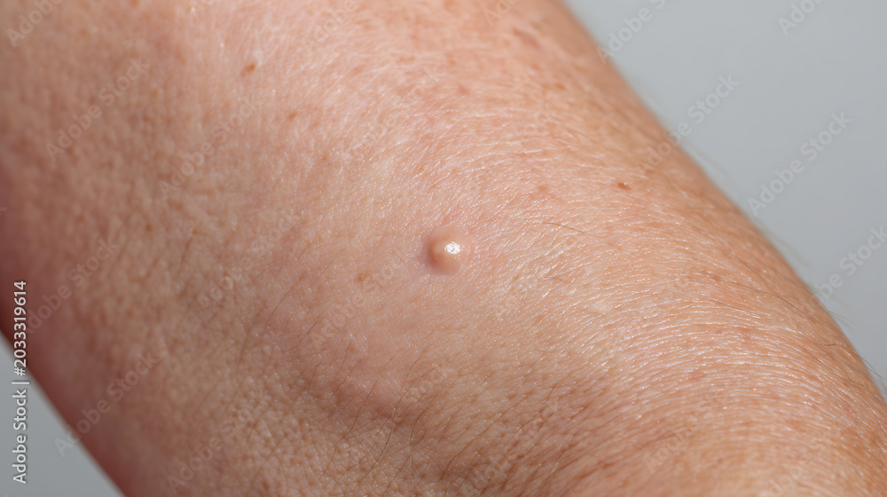 Naklejka premium Close-up of a skin growth on a person's arm, showcasing a detailed view of a harmless skin condition or blemish against a light background