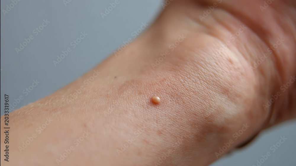 Fototapeta premium Close-up view of a raised skin growth on a person's wrist, highlighting a common, usually harmless dermatological condition on human skin
