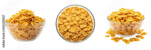 Bild auf Leinwand Set and collection of crunchy golden corn flakes breakfast cereal in a clear gla