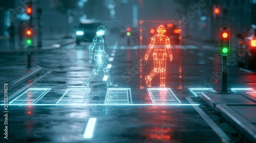 Futuristic Pedestrian Crossing With Holographic Signals in a Busy Urban Area at Night