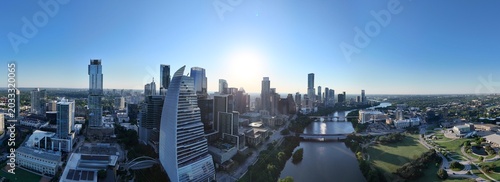 Panorama views of downtown Austin during spring sunrise.