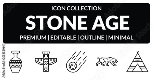 Photos outline stone age icons set - pottery, totem, saber toothed tiger, tipi