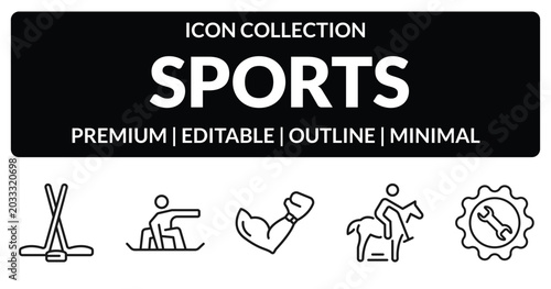 Photography outline sports icons set - ice hockey, snowboarding, polo sport, equipment