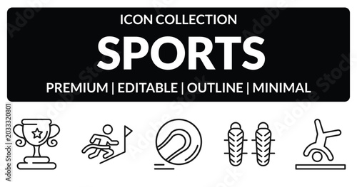 Konstfotografi outline sports icons set - sport trophy, winning the race, shin guards, cartwheel