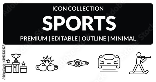 outline sports icons set - podium with cup, two boxing gloves, formula racing, biathlon. editable vector for web and mobile ui
