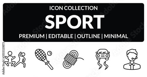 Konstfotografi outline sport icons set - excercise, squash, drift car, commentator
