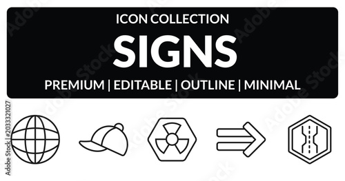 Photos outline signs icons set - grid world, cap, implies if, bridge