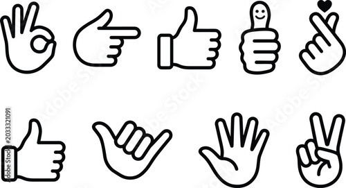 Collection of various hand gestures icons in black line art on white background