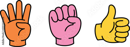 Three colorful cartoon hands with different gestures isolated on white background