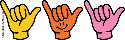 Colorful cartoon hands making shaka sign isolated on white background