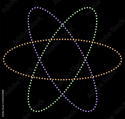 Minimalist vector science icon featuring an atom symbol made of three overlapping pastel dot ellipses on a black background. Geometric tech design ideal for physics and chemistry graphics.