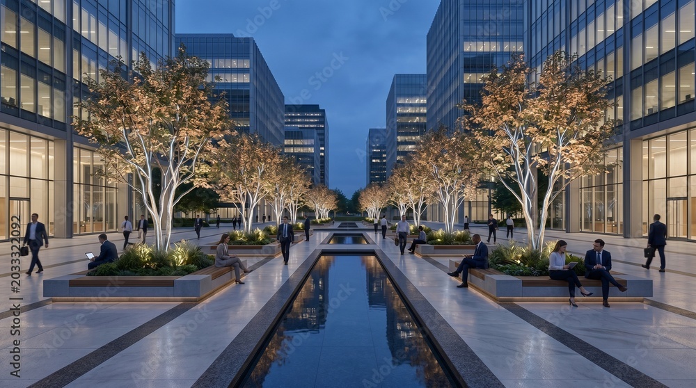 Fototapeta premium Corporate plaza illuminated by engineered trees and living light