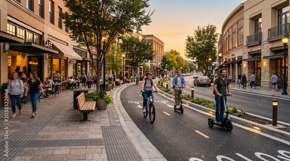 Obraz premium Human-scale downtown lane for electric bikes and small vehicles