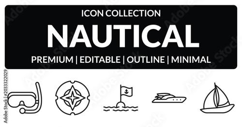 Photography outline nautical icons set - snorkling glasses, compass, yacht facing right, windsail
