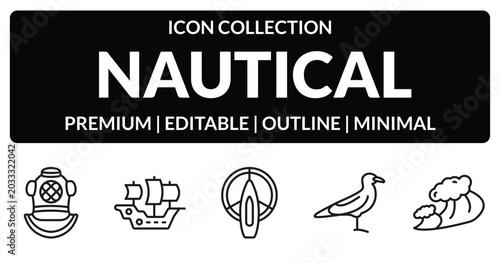 Photos outline nautical icons set - diving helmet, caravel, seagull, ocean waves