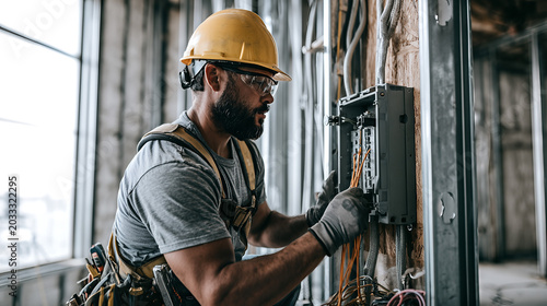 Electrician Wiring Panel, Construction Site: Safety Gear, Focused Work, Bright Future