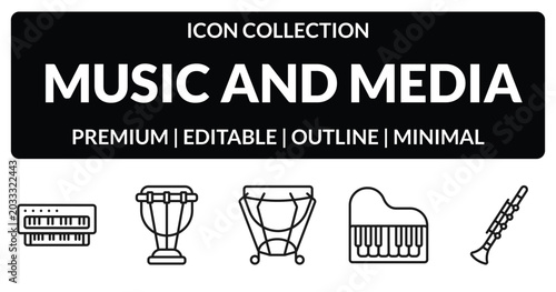 Foto outline music and media icons set - organ, timpani, piano, clarinet