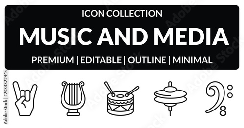 Foto outline music and media icons set - heavy metal, lyre, cymbal, octave clef