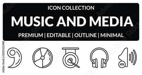 Fotografía outline music and media icons set - breath mark, dvd disc, music player headphones, low volume speaker