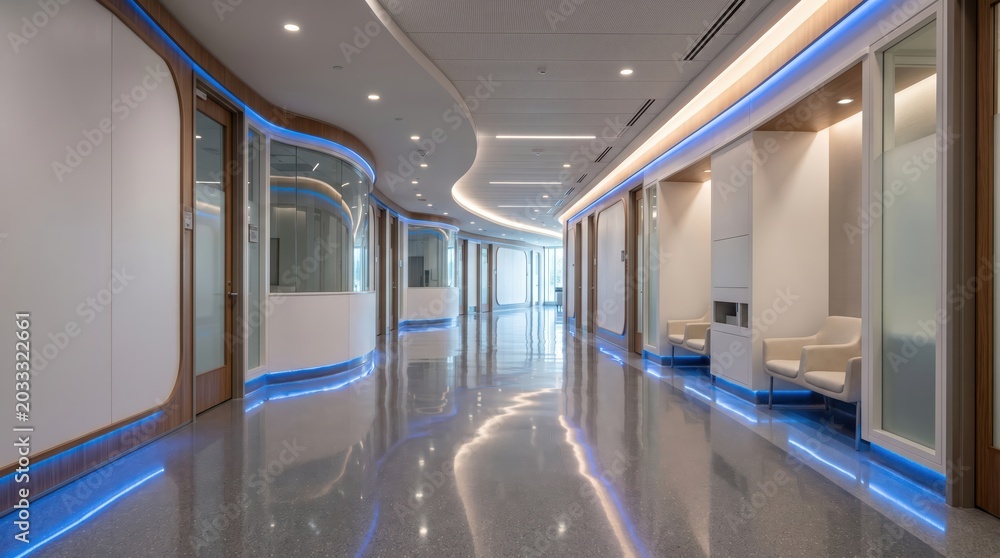 Obraz premium Modern medical corridor illuminated by blue led lighting with reflective polished floor and seating alcoves in healthcare facility interior