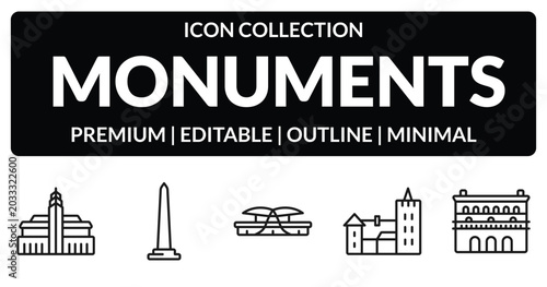 Tableau sur toile outline monuments icons set - hassan mosque, national mall, bran castle, lonja of zaragoza