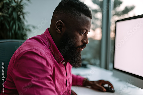 Focused Black Man in Pink Shirt Working at Desk with Large Monitor in Bright Office with Natural Light and Plants.