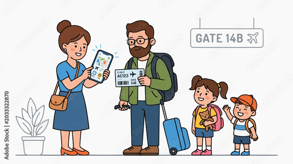 Fototapeta premium A happy family is standing at the airport gate ready to travel. The mother is showing a flight ticket on her phone, while the father is holding a passport and boarding pass.