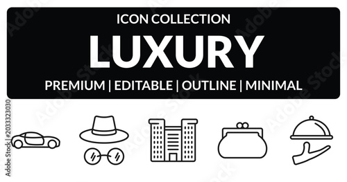Foto outline luxury icons set - lux car, ganster, clutch, serving