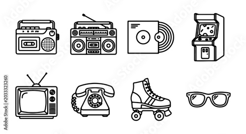 Retro 80s Icons: Boombox, Vinyl Record, Arcade Game, TV, Rotary Phone, Roller Skates, Glasses