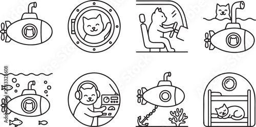 Obraz na plátně Adventurous feline characters traveling deep underwater inside a submarine