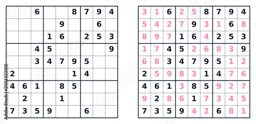 Foto Sudoku puzzle grid with solution and highlighted numbers in pink