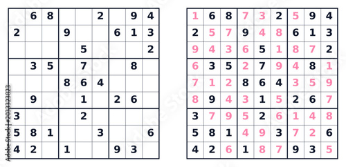 Sudoku puzzle grid with solution page and game template concept  