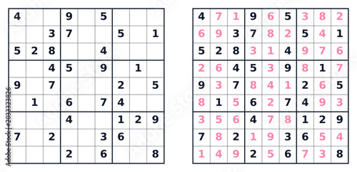 Sudoku puzzle grid with solution displayed in two contrasting designs  