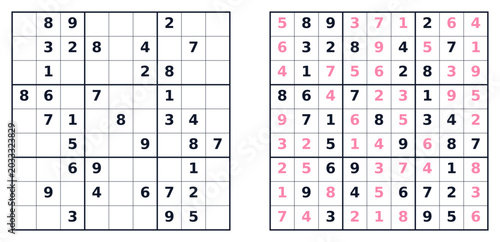 Classic Sudoku puzzle grid and solution template in two layouts  
