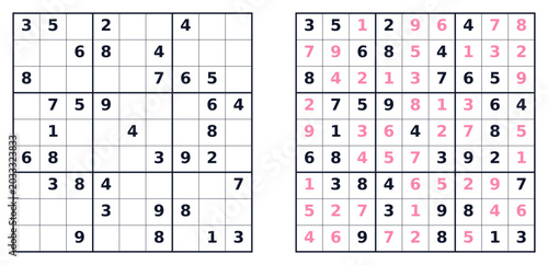 Sudoku puzzle grid with solution and completed section on paper  