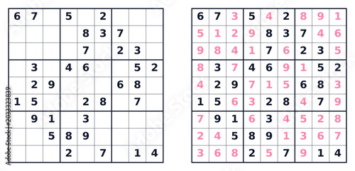 Sudoku puzzle grid with solution and classic gameplay template  