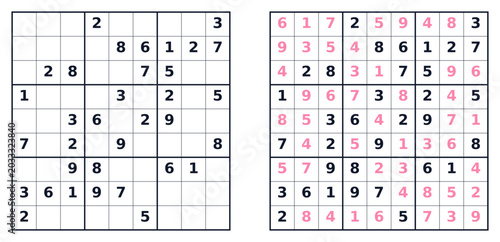 Sudoku puzzle grid with solution and game template on white background  