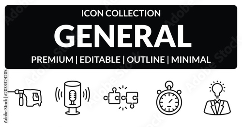 Foto outline general icons set - perforator, smart assistant, analog stopwatch, brand awareness
