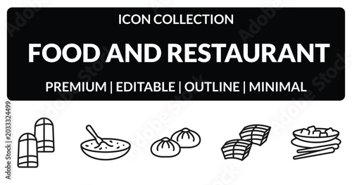 Cuadro en lienzo outline food and restaurant icons set - pamonha, black sesame soup, dongpo pork, kung pao chicken