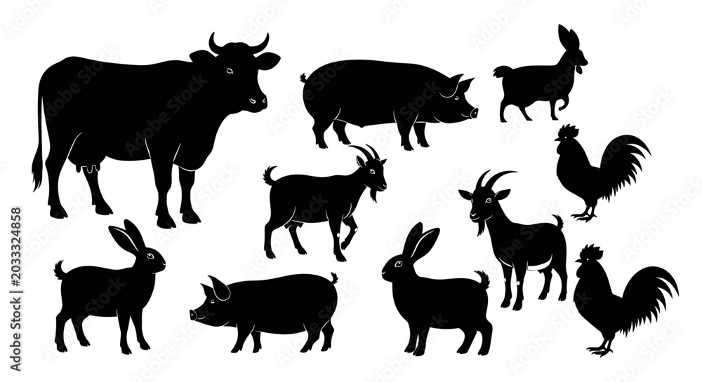 Obraz premium Collection of Farm Animal Silhouettes Including Cows Pigs Goats Rabbits and Roosters.