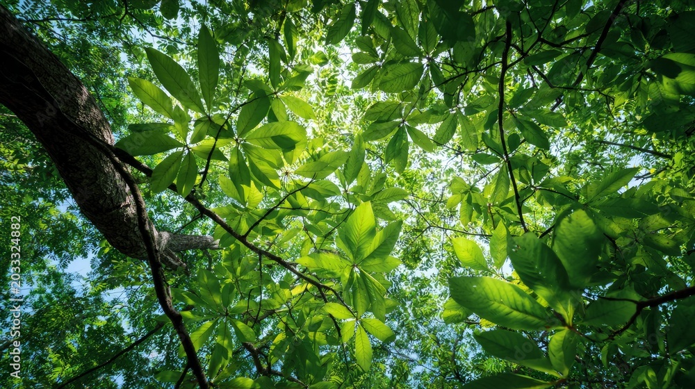 Obraz premium Green leaves on tree branches, seen from below.